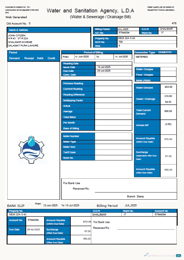 download download Pakistan WASA utility bill template in Word and PDF formats, version 2 PDF template PDF template